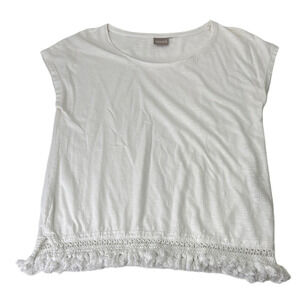 Chico's White Ruffled Short Sleeve Tee with Fringe